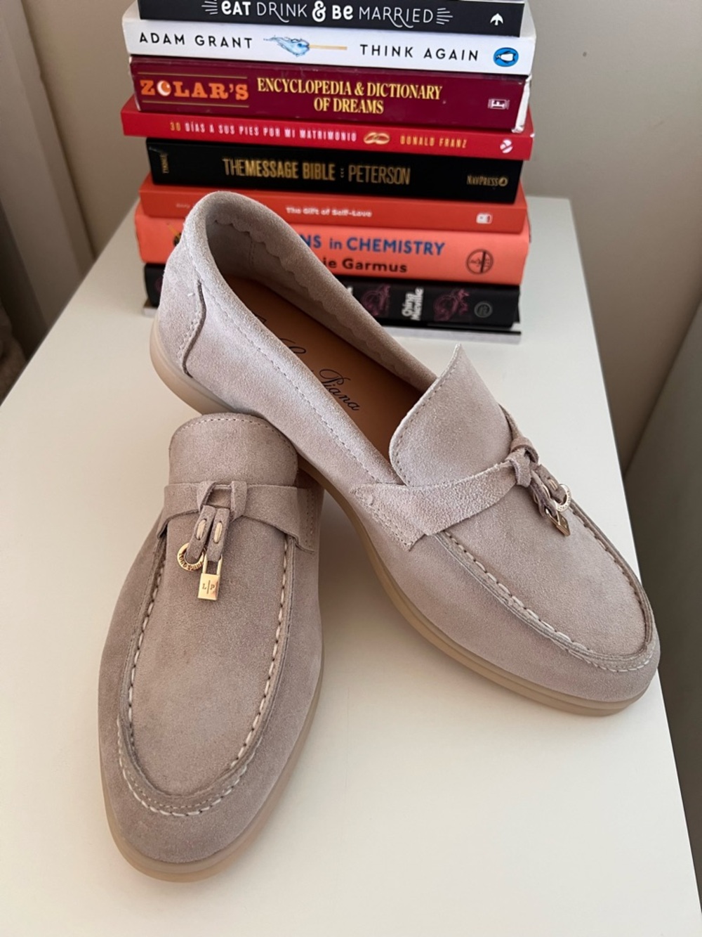 Taupe Suede Loafers with Gold Accent